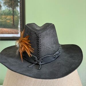Elegant Black Suede Cowboy Hat with Feather Accent